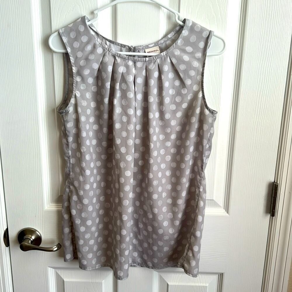 Merona Sleeveless Blouse Gray Polka Dot Pleated Career Casual Top Size‎ S